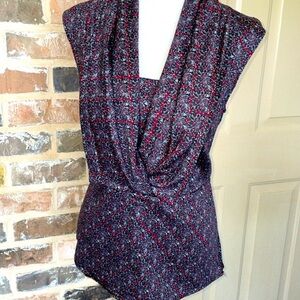 Como Gray & Red Paisley Sleeveless Wrap Top Side Zip Stretch Cotton Size Large